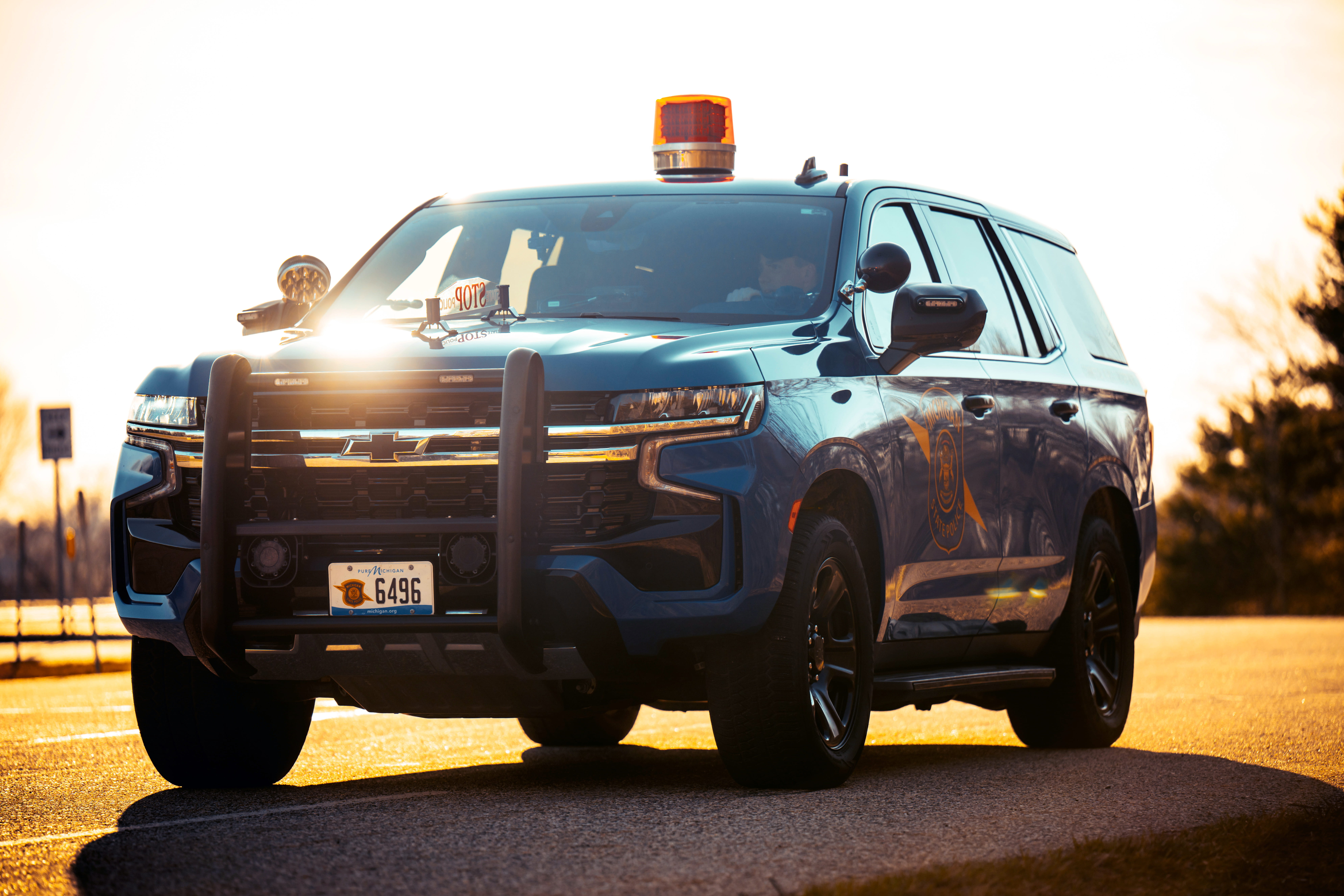 Michigan State Police patrol car seen on angle, quartering to the viewer.