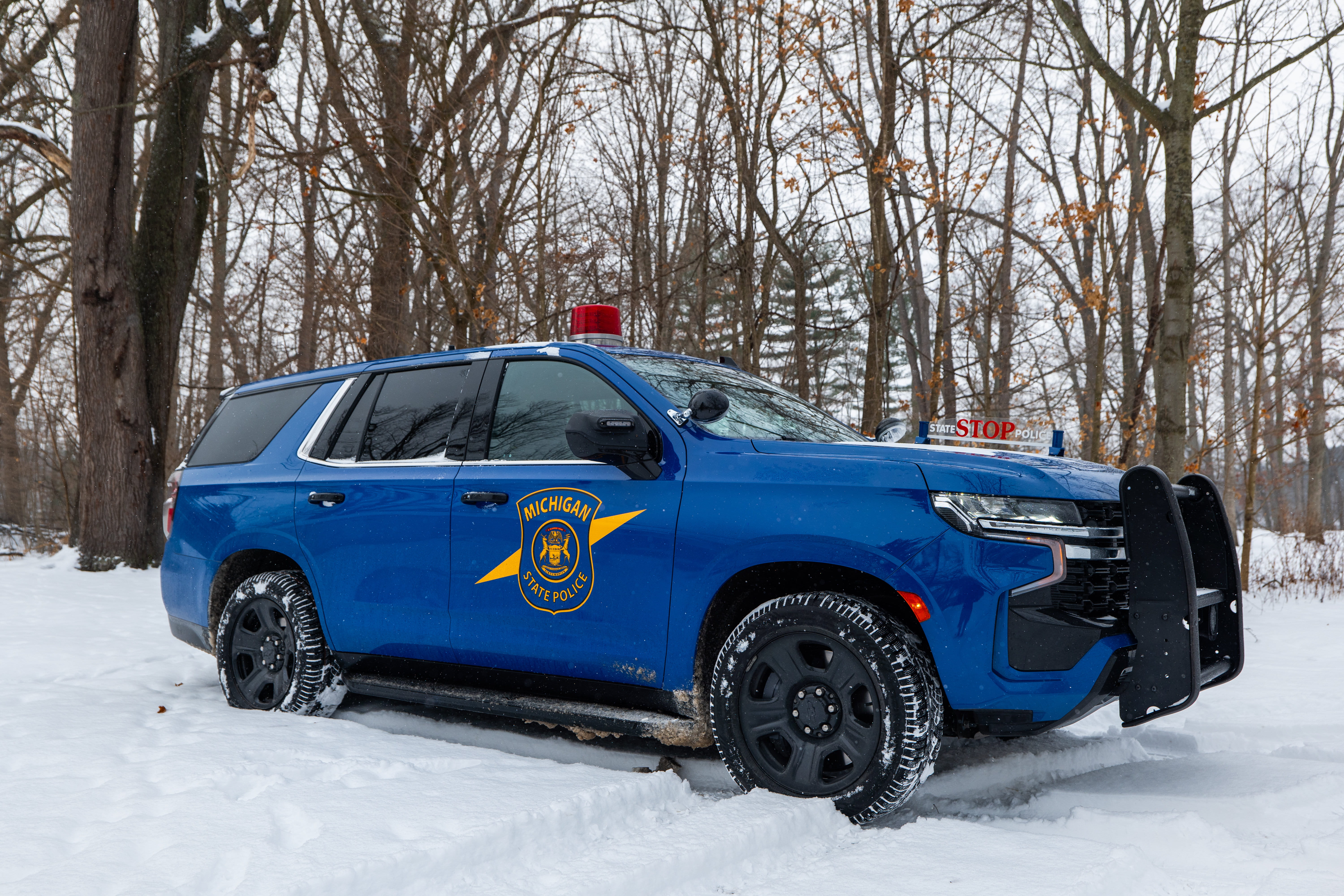 Sideview of Michigan State Police patrol car, in snow with bare trees in background.