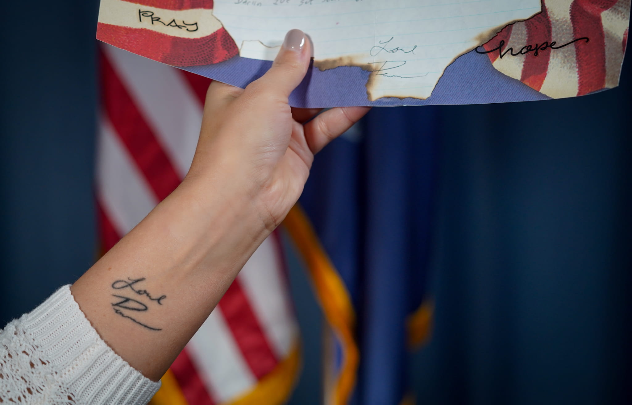 Kate Preston's tattoo on her wrist reads 'Love, Darren' in her late husband's handwriting