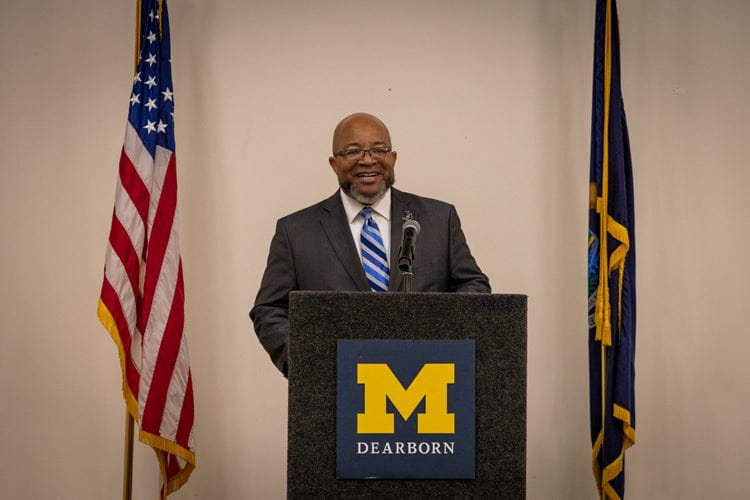Michigan Veterans Affairs Director Brian L. Love announcing partnership with the University of Michigan-Dearborn hosting a veteran service officer
