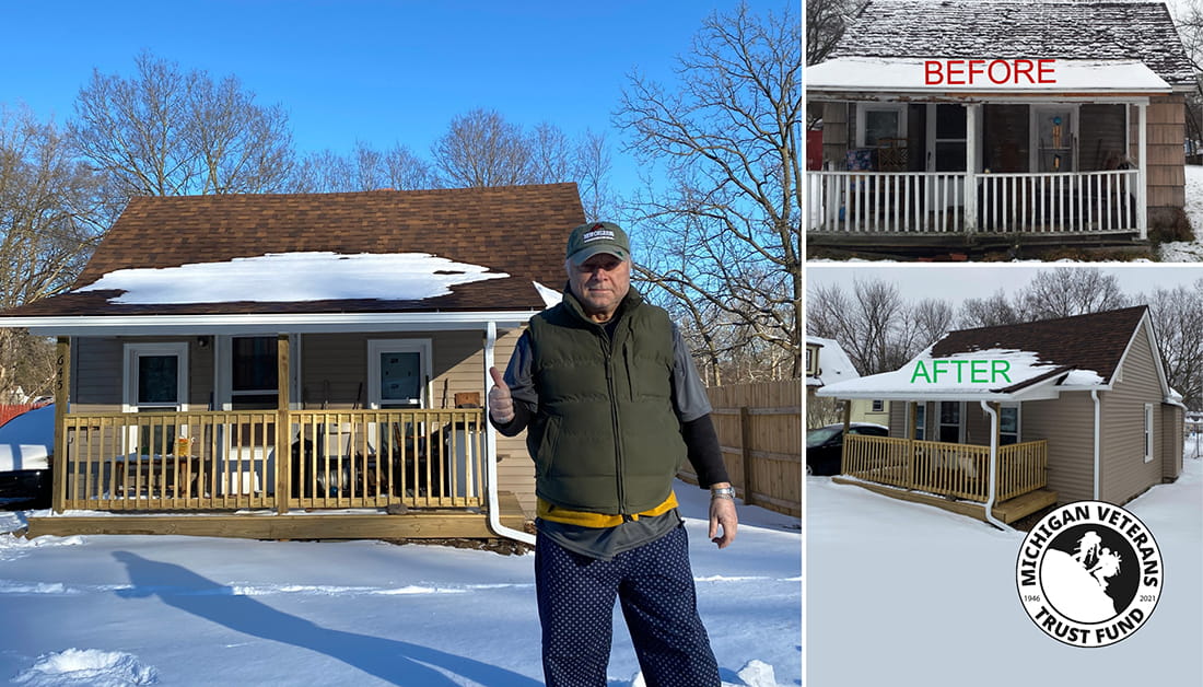 collage of photos of a home before and after improvements and with the owner standing out front
