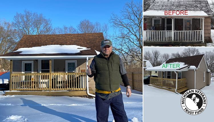 collage of photos of a home before and after improvements and with the owner standing out front