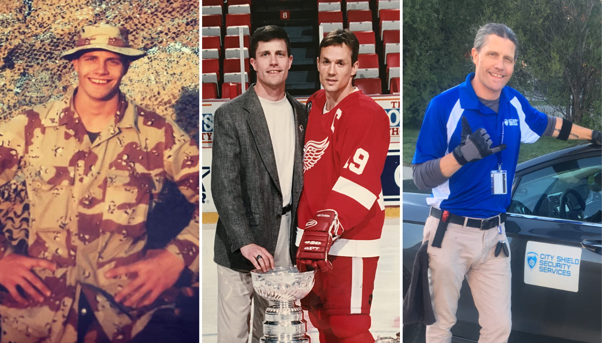 (Clockwise from top): Michael Kuta as a road supervisor for City Shield Security Services; posing with Steve Yzerman as Public Relations Manager for the Detroit Red Wings; and as a young Marine directly after high school.