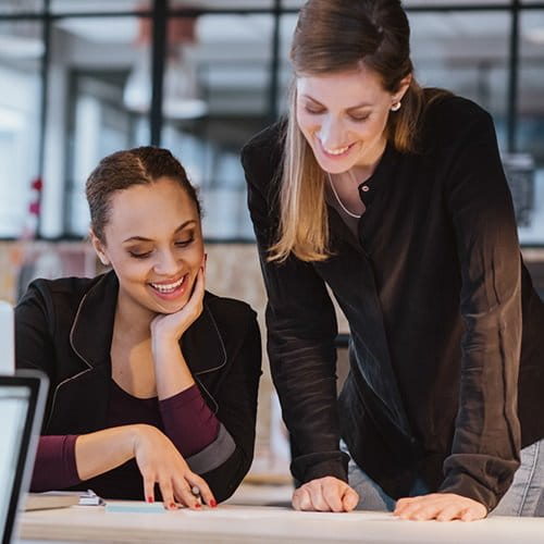 Two women discussing work project