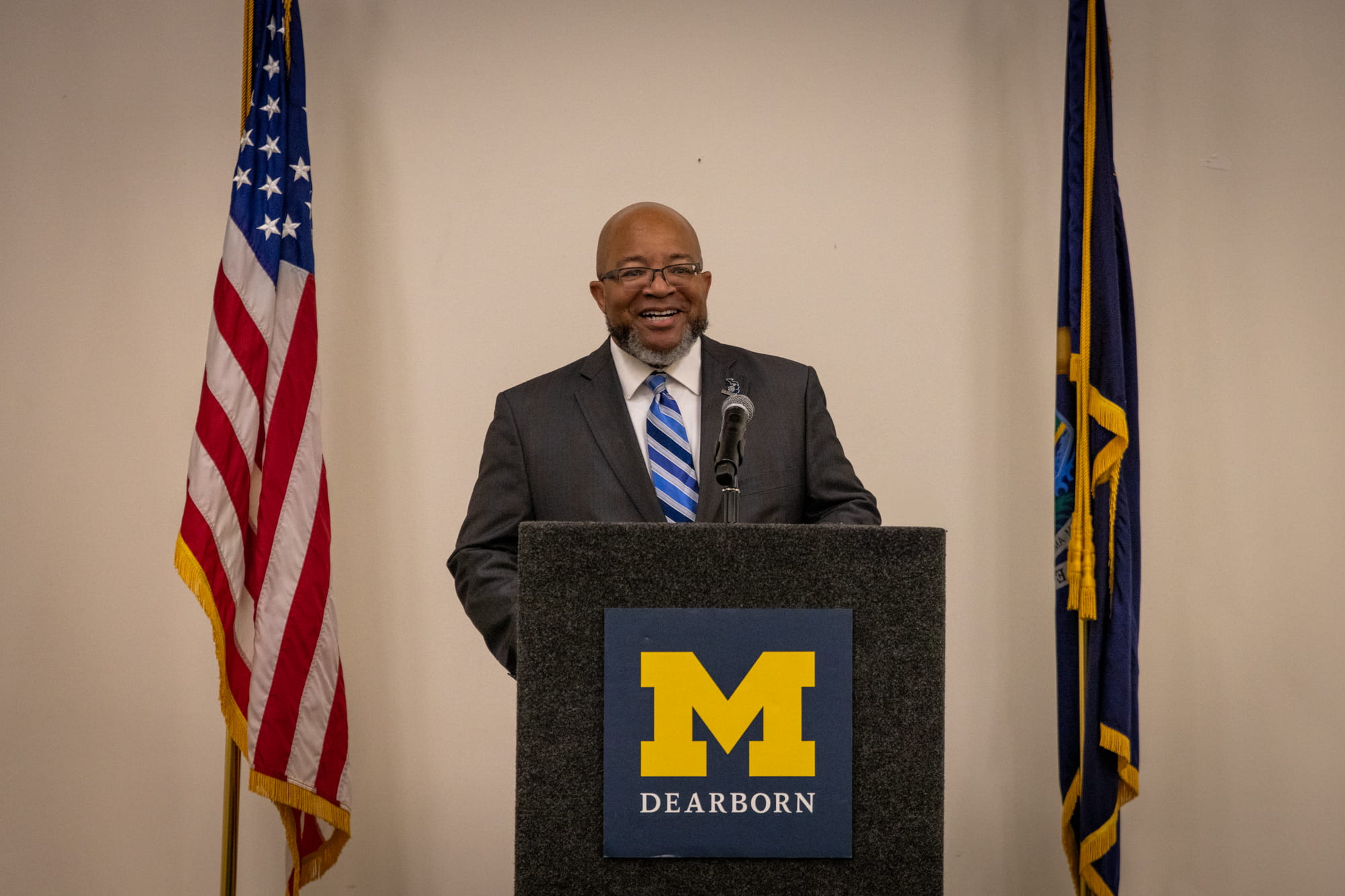 Michigan Veterans Affairs Director Brian L. Love announcing partnership with the University of Michigan-Dearborn hosting a veteran service officer 