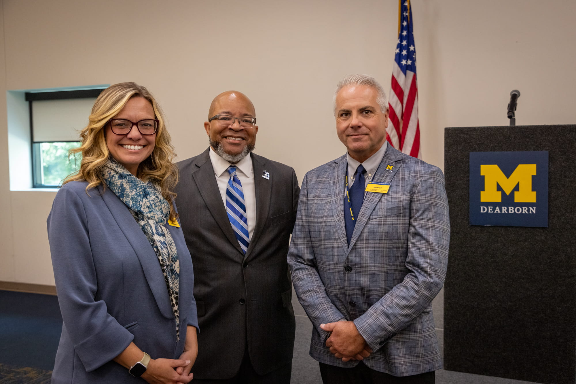 Right to left: Dean of Students Amy Finley, Michigan Veterans Affairs Director Brian L. Love and Student Affairs-Veteran Services Program Manager Tom Pitock
