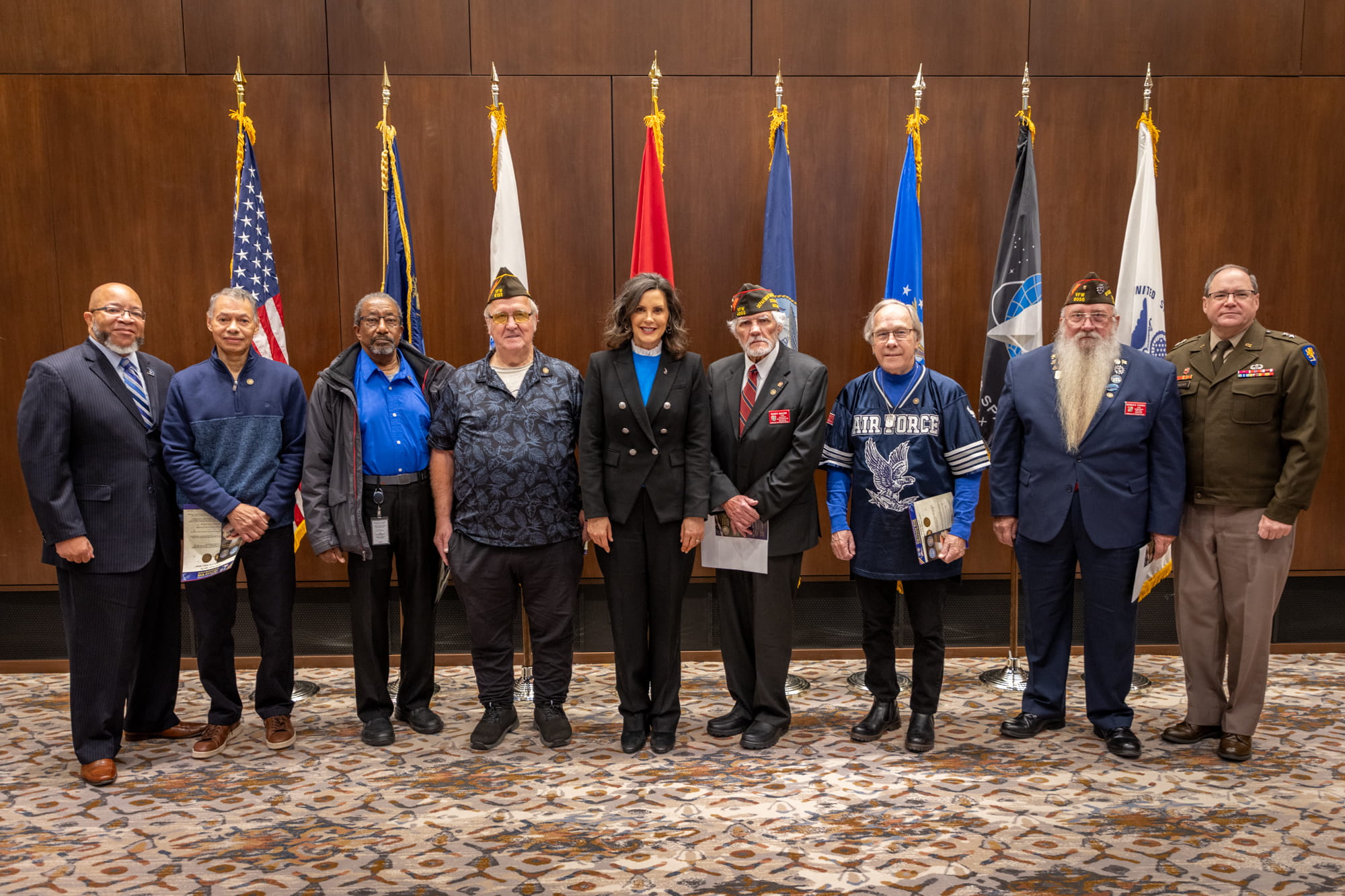 Six Vietnam War-era veterans were pinned by Brian L. Love, director of the Michigan Veterans Affairs Agency; Gov. Gretchen Whitmer; and U.S. Army Maj. Gen. Paul D. Rogers, adjutant general and director of the Michigan Department of Military and Veterans Affairs