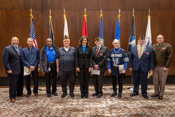 Six Vietnam War-era veterans were pinned by Brian L. Love, director of the Michigan Veterans Affairs Agency; Gov. Gretchen Whitmer; and U.S. Army Maj. Gen. Paul D. Rogers, adjutant general and director of the Michigan Department of Military and Veterans Affairs