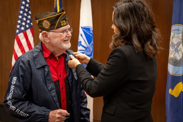A World War II veteran was honored and pinned by Gov. Gretchen Whitmer