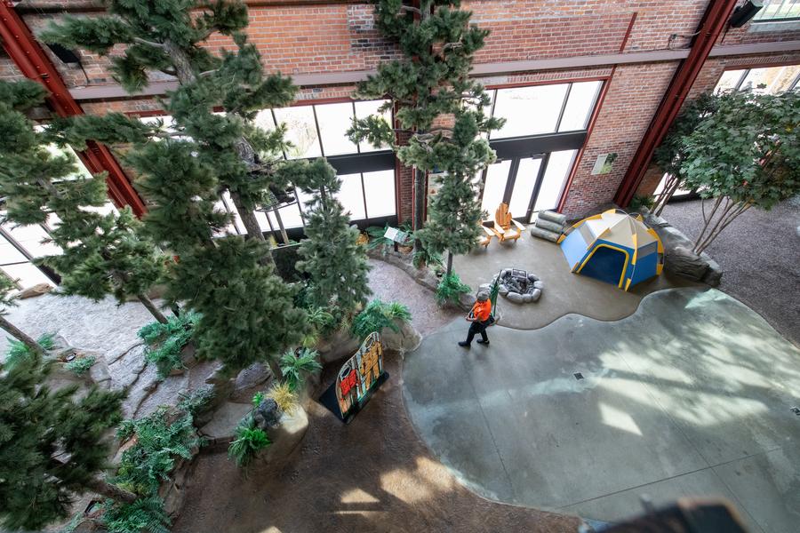 view down onto campsite exhibit from OAC tower blind