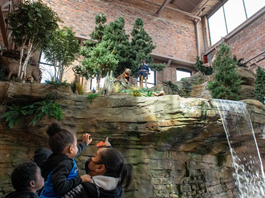 woman holding young child points to taxidermied bear at top of OAC waterfall