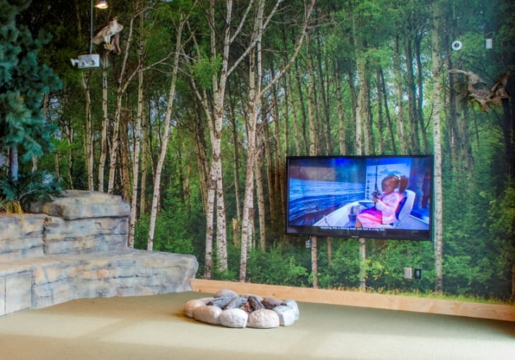 OAC Fire Circle, with fire pit, stone bench and monitor that plays orientation video, view 1