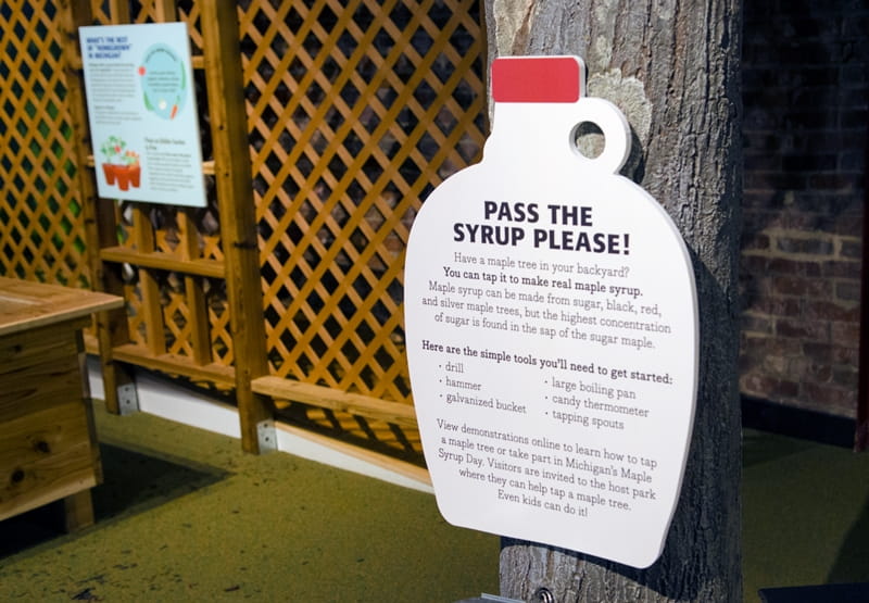 sign on tree in the OAC Nature in Your Neighborhood exhibit with sign about how to make maple syrup