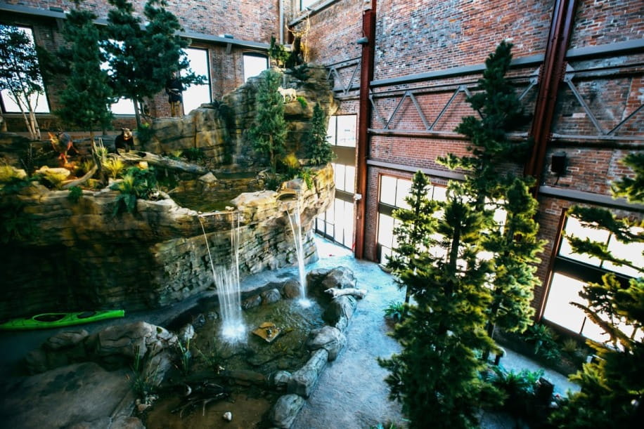 Outdoor Adventure Center waterfall, wide view from above