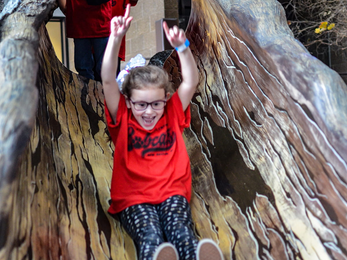 Excited girl slides down tree slide at Outdoor Adventure Center