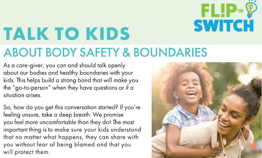 A small section of a document that helps start the body safety conversation with kids. 