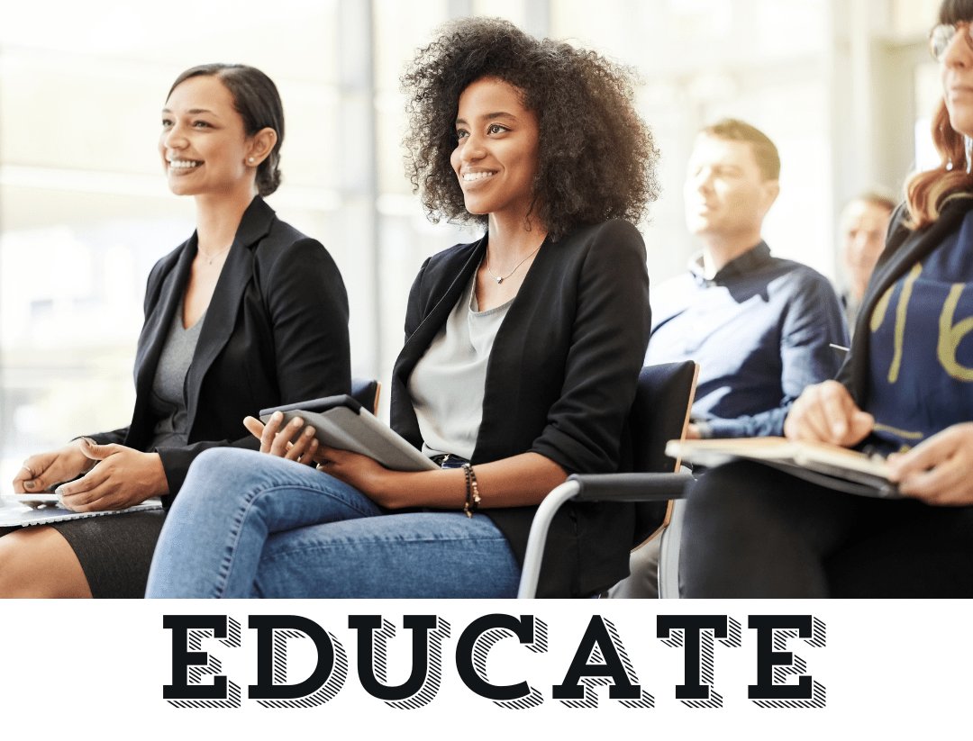 Image of women in a classroom over the word Educate