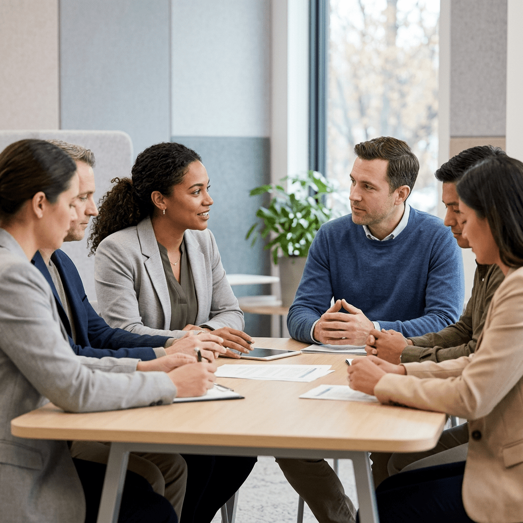 A diverse group of adults that appear to be professionals sitting at a table in an office. 