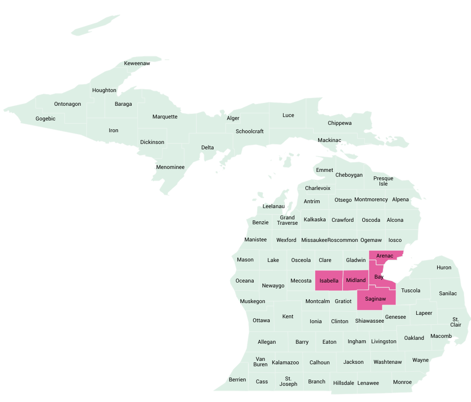 Map of Michigan highlighting the Great Lakes Bay counties