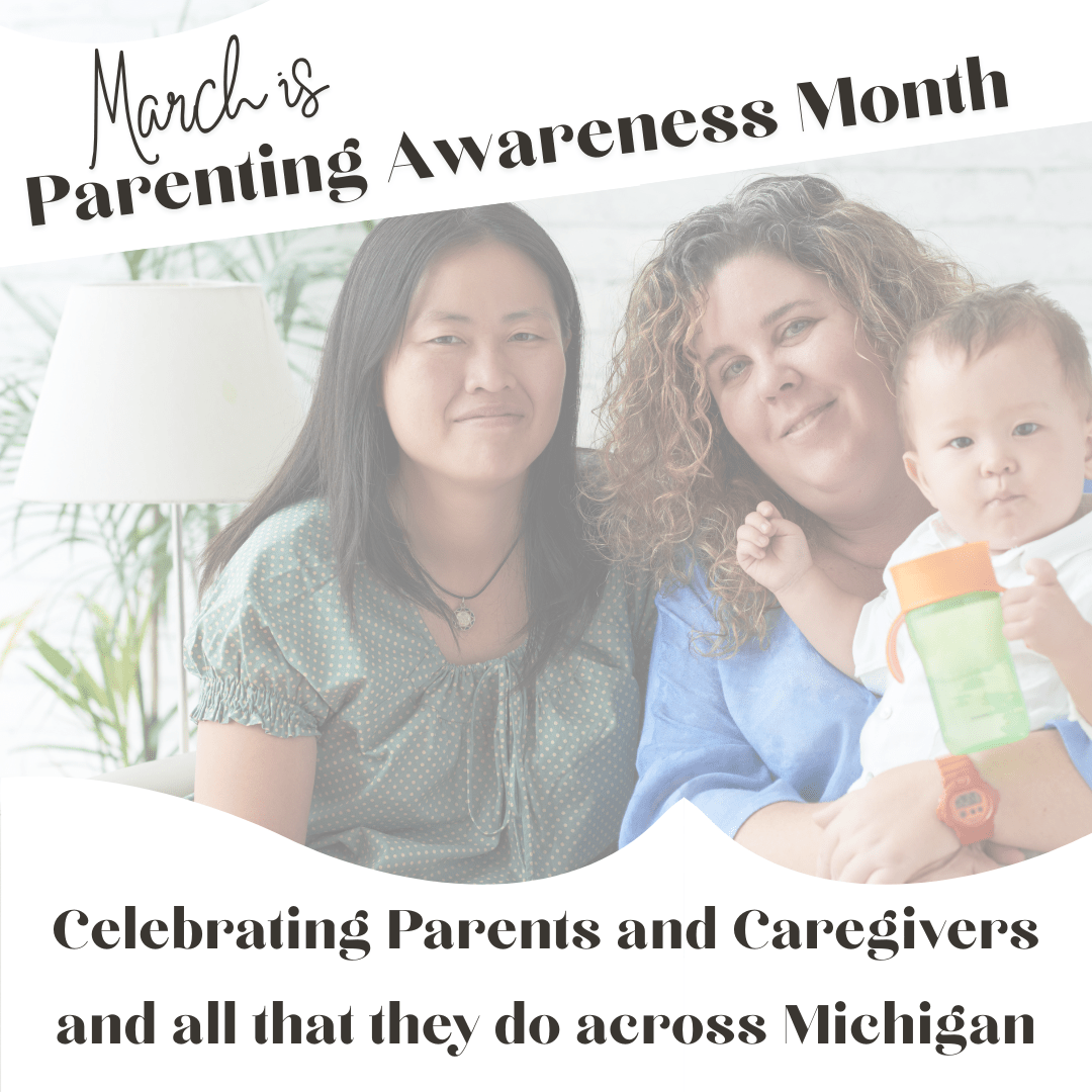 Parenting awareness flyer with two women sitting on a couch together one is holding a baby