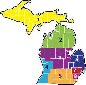 A map of Michigan showing the regions for post adoption resource centers