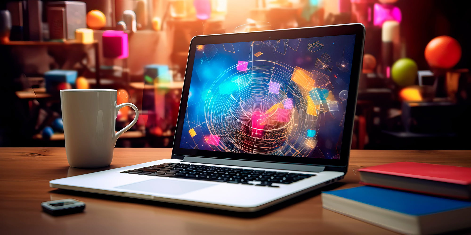 Computer with digital illustrations and colors