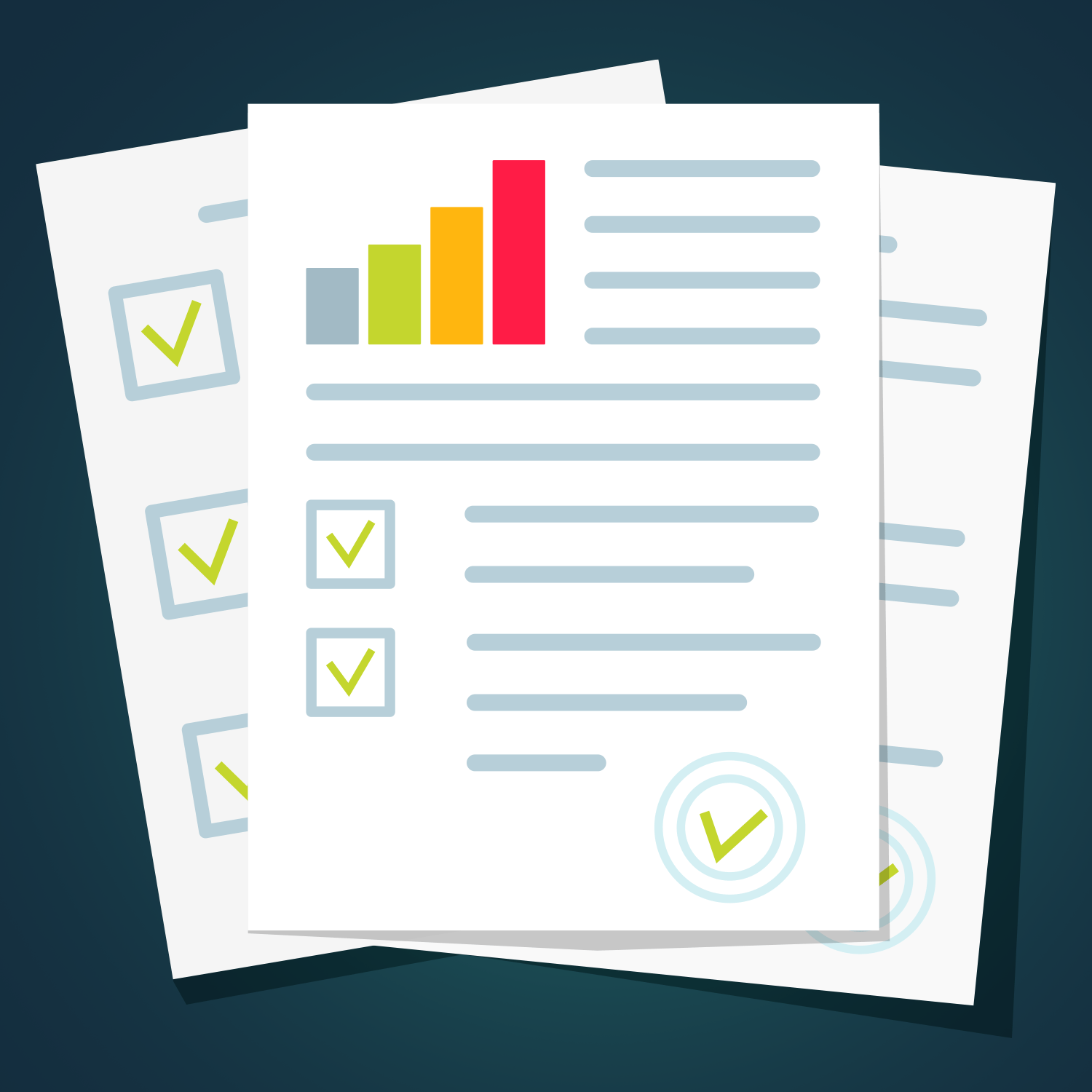 Outcome Reports - charts and check marks on 3 pieces of paper