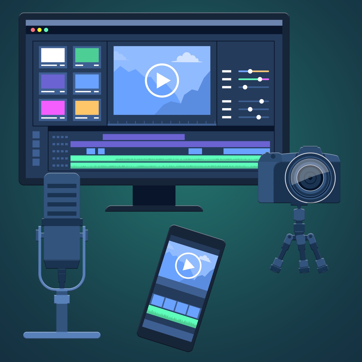 Public Service Announcements icon with microphone, smart phone, mirrorless camera, and all-in-one computer with video editing software on the screen