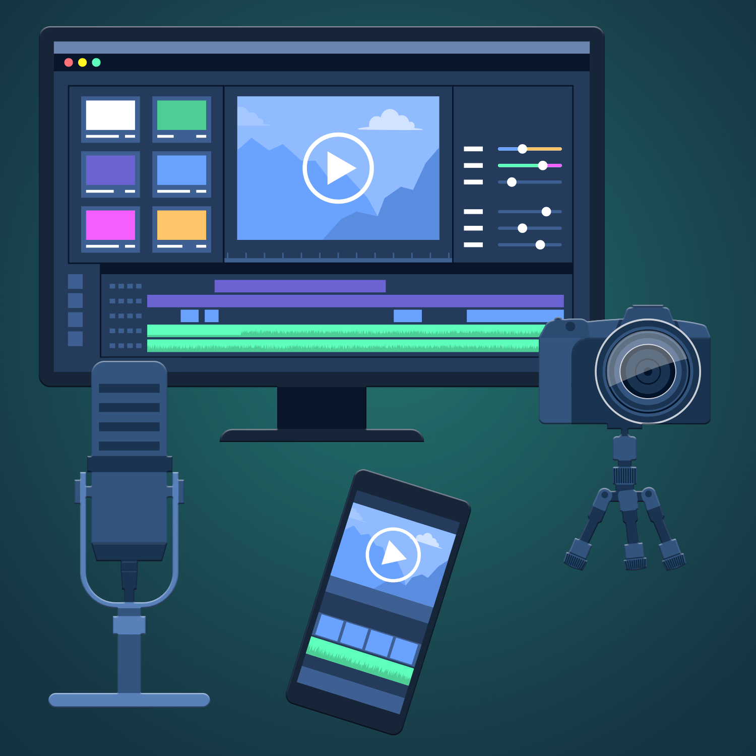 Public Service Announcements icon with microphone, smart phone, mirrorless camera, and all-in-one computer with video editing software on the screen