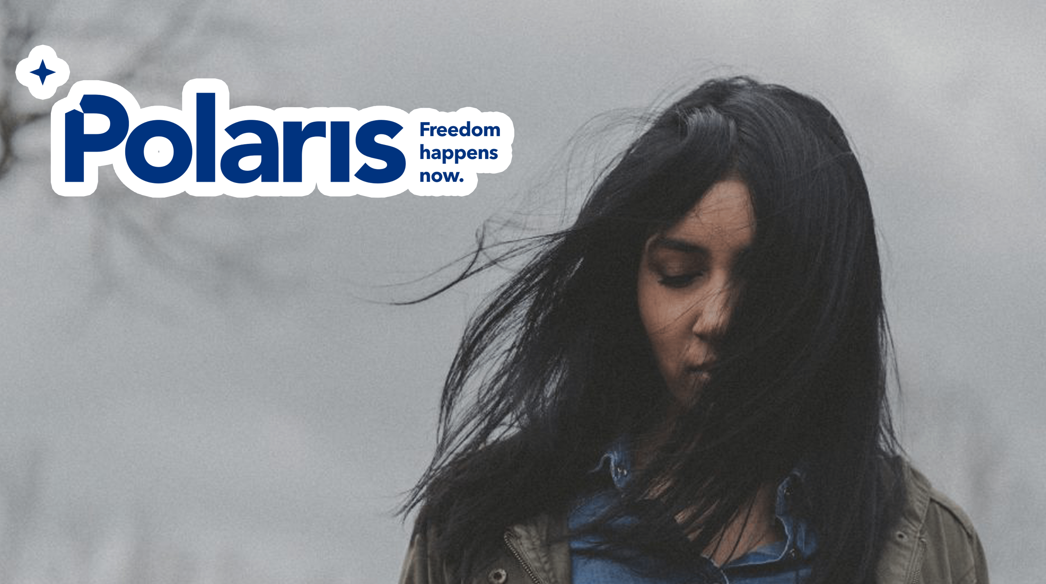 Polaris logo with girl's hair blowing in the wind
