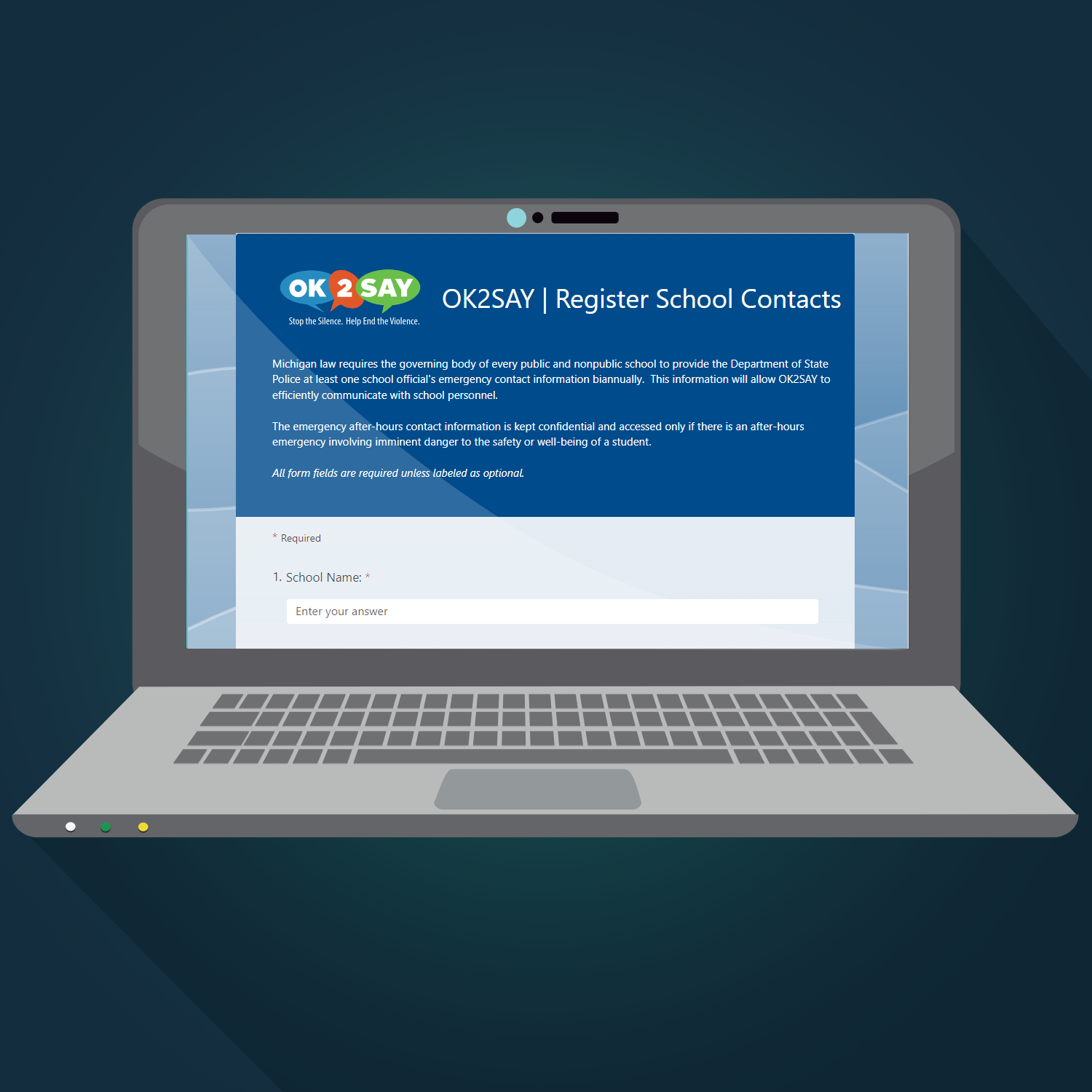 Register School Contacts icon is a laptop computer with the contact form on the screen