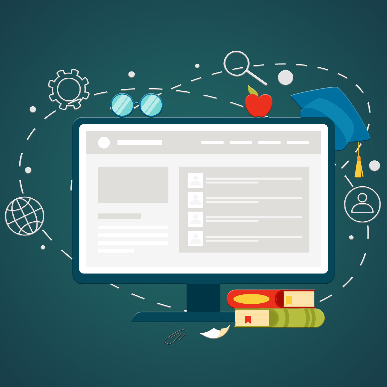 School Resources icon with all-in-one computer with books and school symbols around it
