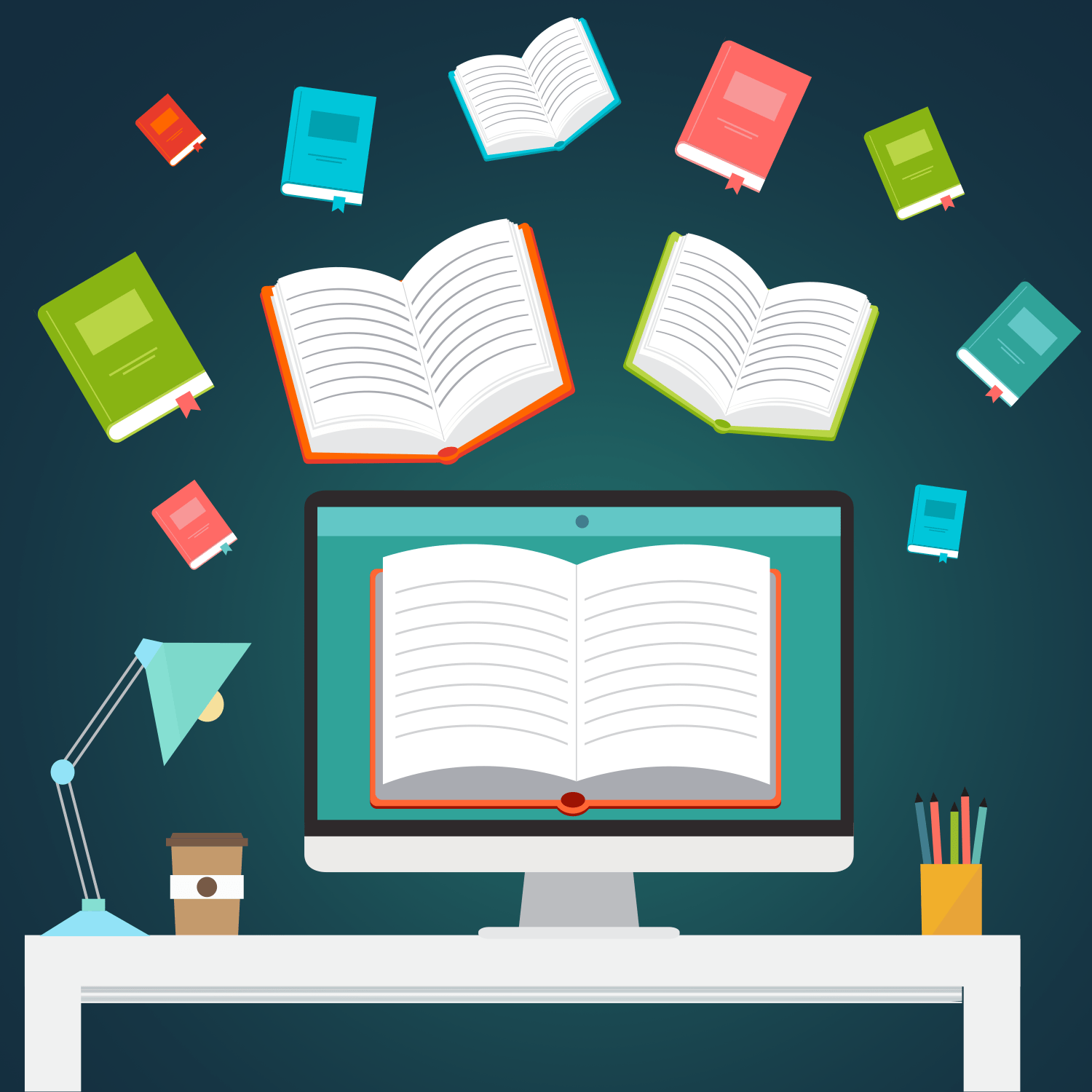 Student Resources icon featuring a all-in-one computer on a desk with a digital book on the screen surrounded by books in the air.