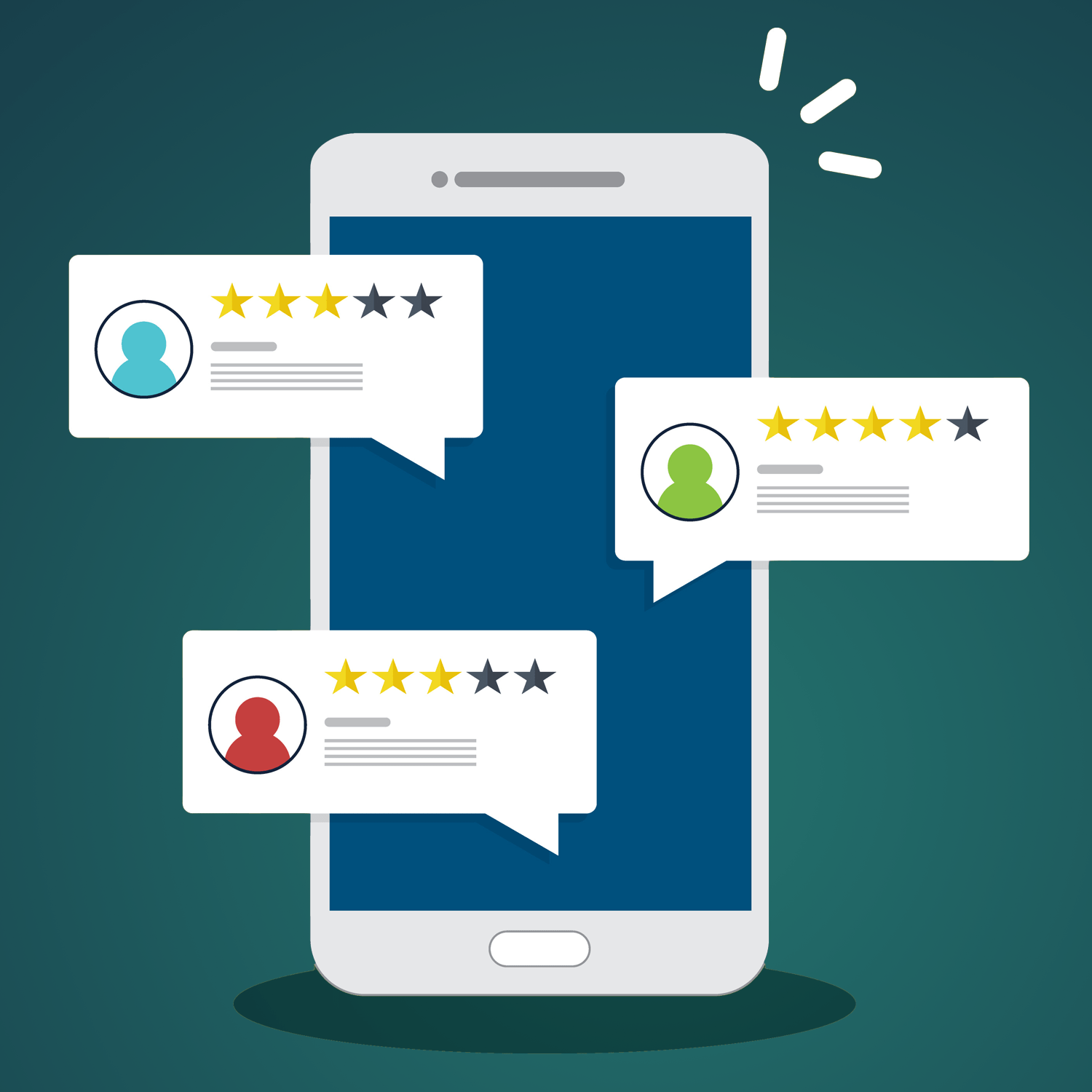 Testimonials icon with smart phone with various ratings