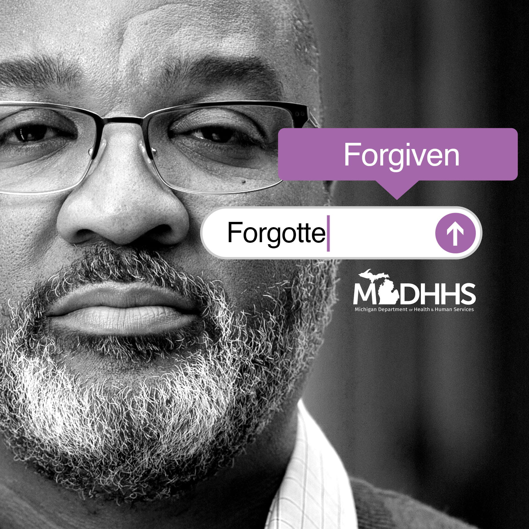 Picture of a man with forgiven and forgotten word bubble overlay