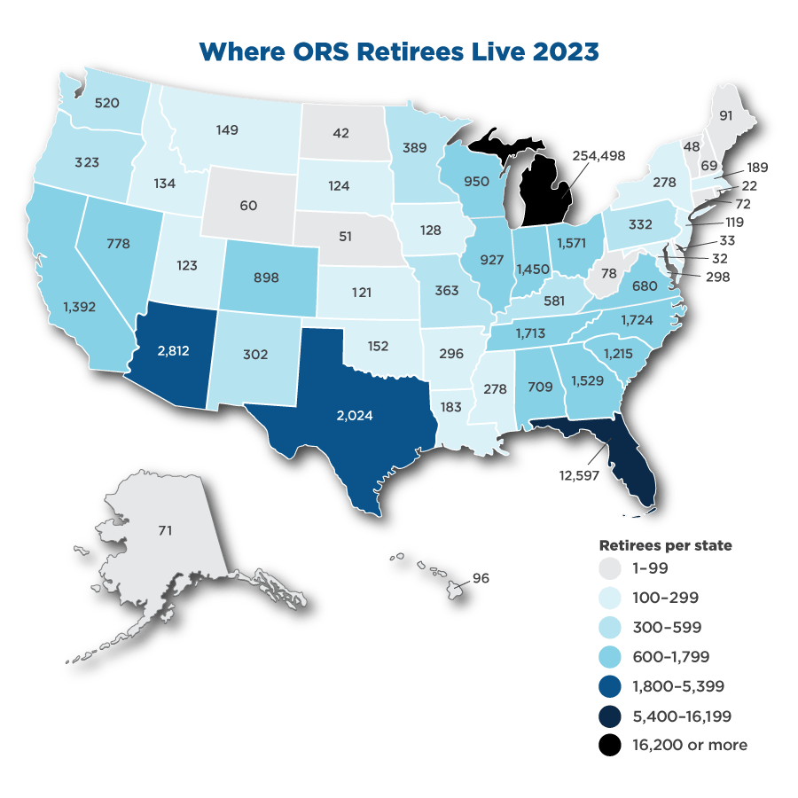Map of where ORS retirees live. Data current as of January 1, 2018.