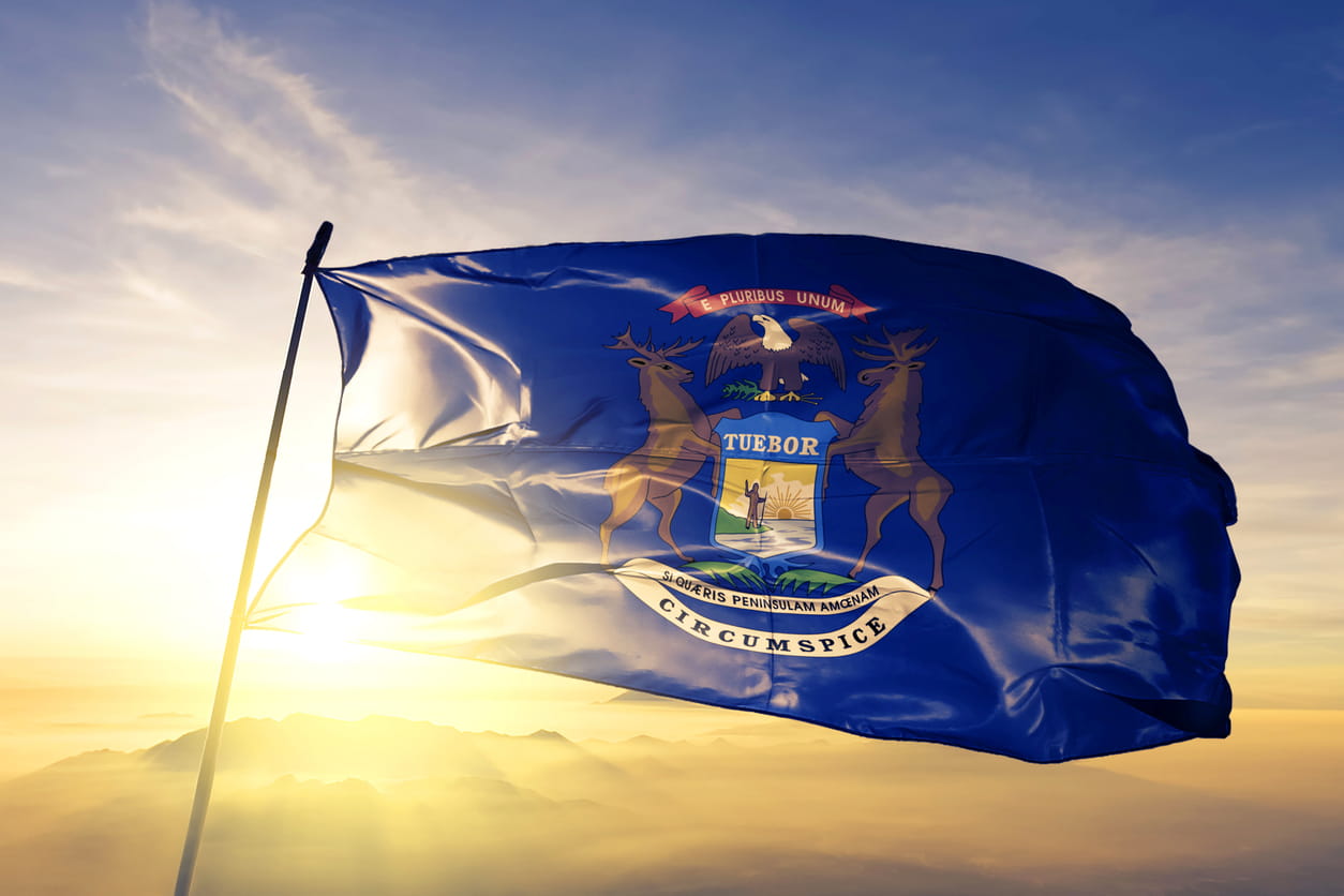 Michigan flag waving in the wind. 
