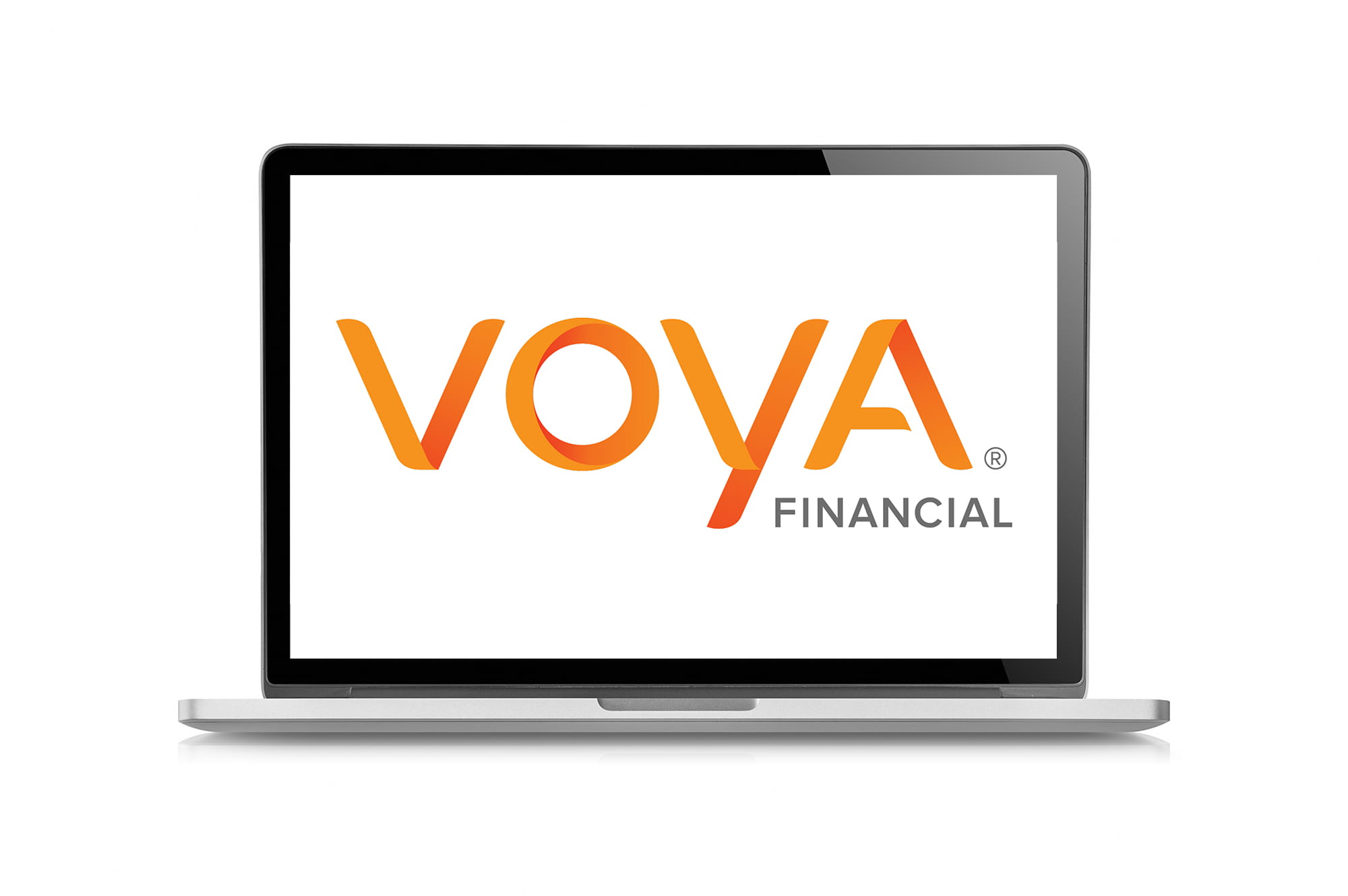 Laptop sitting open with Voya financial logo on the screen.