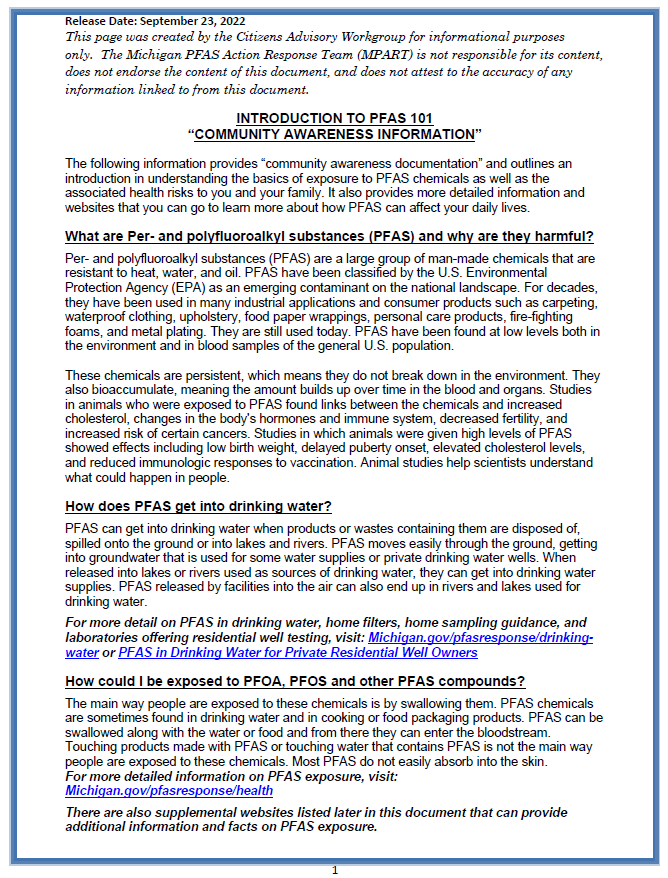 The first page of the Community Awareness Information handout