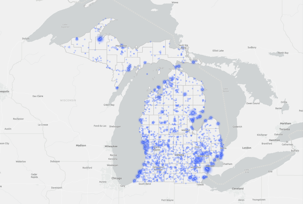 A preview of the MPART Geographic Information System showing the whole state and dots all over
