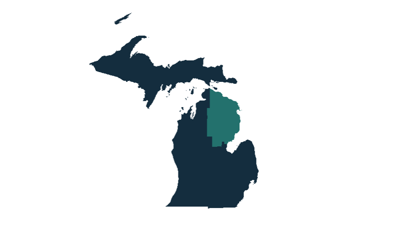 A map of Michigan with counties in the northeast highlighted