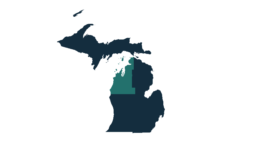A map of Michigan with counties in the northwest highlighted