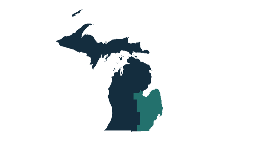 A map of Michigan with counties in the southeast highlighted