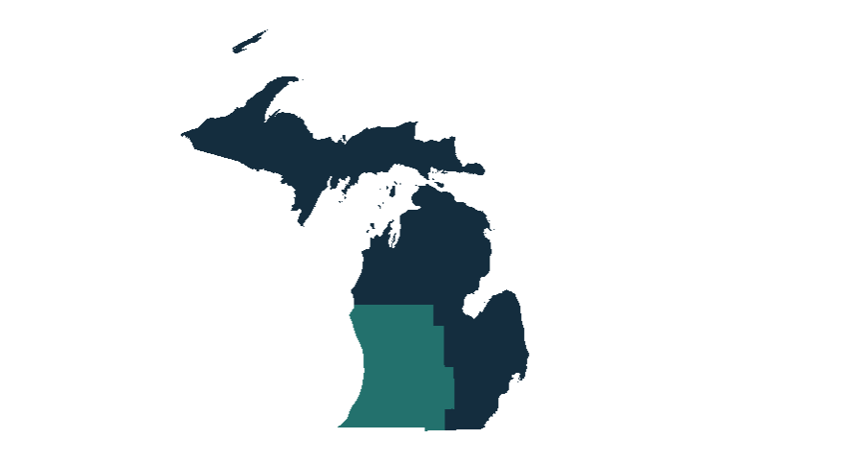 A map of Michigan with counties in the southwest highlighted