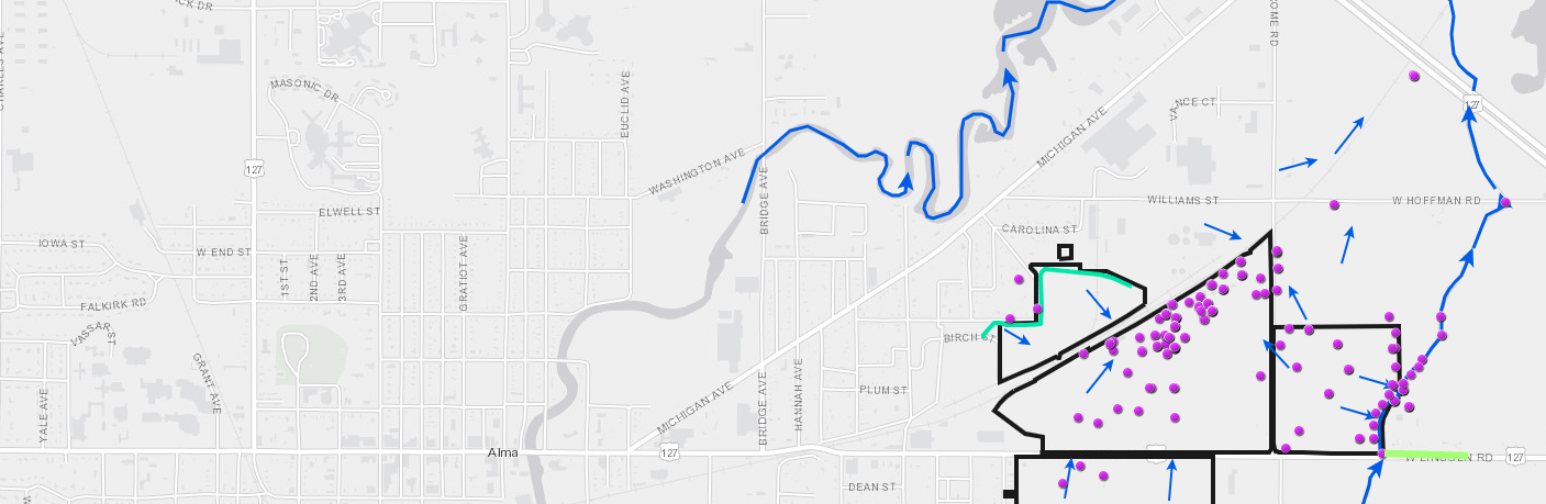 A screenshot of the MRP Properties interactive map, showing groundwater flow and sampling points
