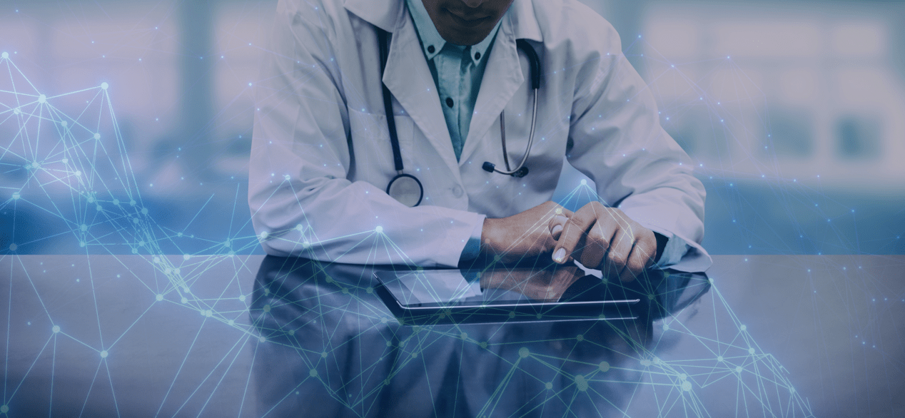 A doctor pointing to a tablet with a graph superimposed over the whole image