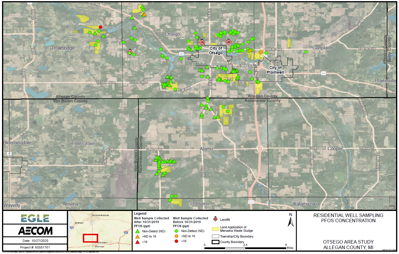 PFOS analytical results of all residential samples collected to date within the entire Otsego Area Study compared to the new PFOS criteria.