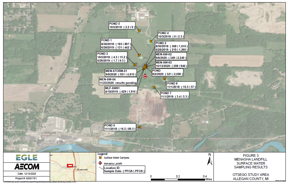 Figure 3 Otsego Area Menasha Landfill Surface Water Sampling Locations and Results