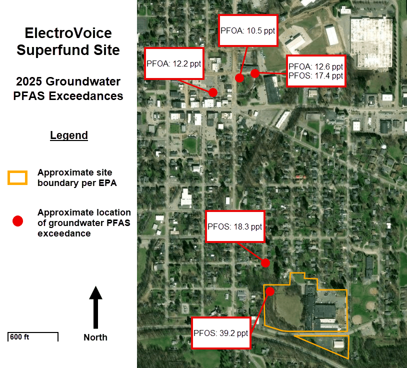 Map of PFOS and PFOA results near ElectroVoice Superfund site showing results higher closer to the site boundaries