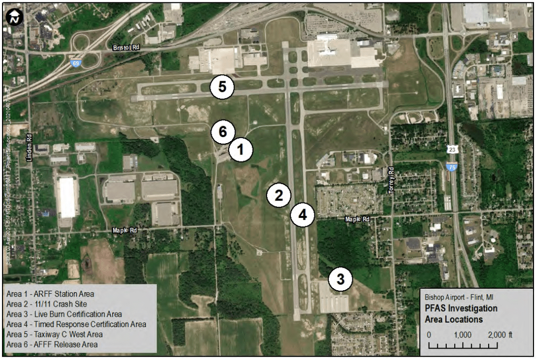 PFAS Grant Investigation Areas at Bishop International Airport Map